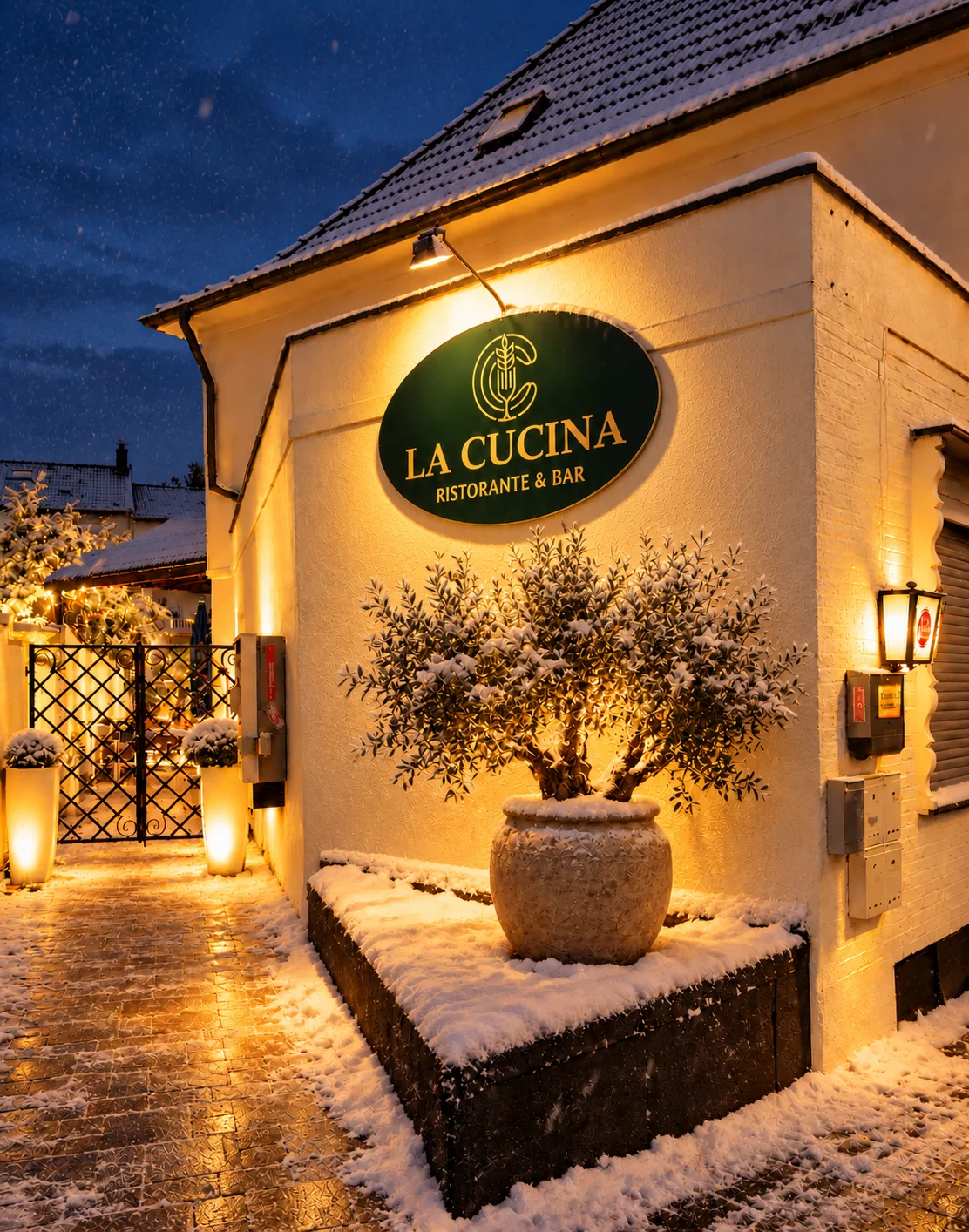 Hausecke mit dem grünen La-Cucina-Schild im Schnee am Abend