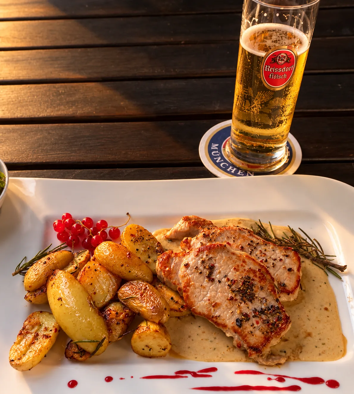 Schweinerücken mit Rahmsauce und Rosmarinkartoffeln, dazu ein Reissdorf Kölsch